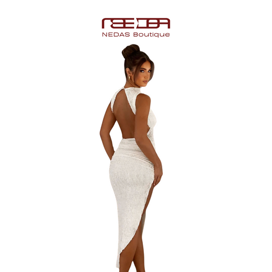 Backless Elegance Dress – White Shimmer by NEDA