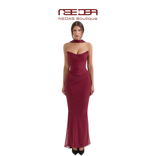 Elegant Bordeaux evening dress with draping and scarf detail