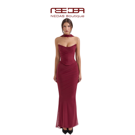Elegantes Bordeaux-Abendkleid mit Drapierung und Schal-Detail