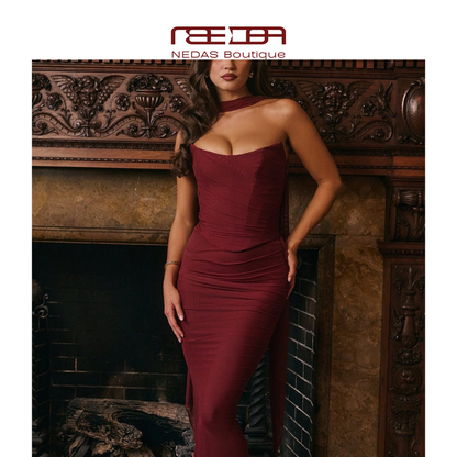 Elegant Bordeaux evening dress with draping and scarf detail