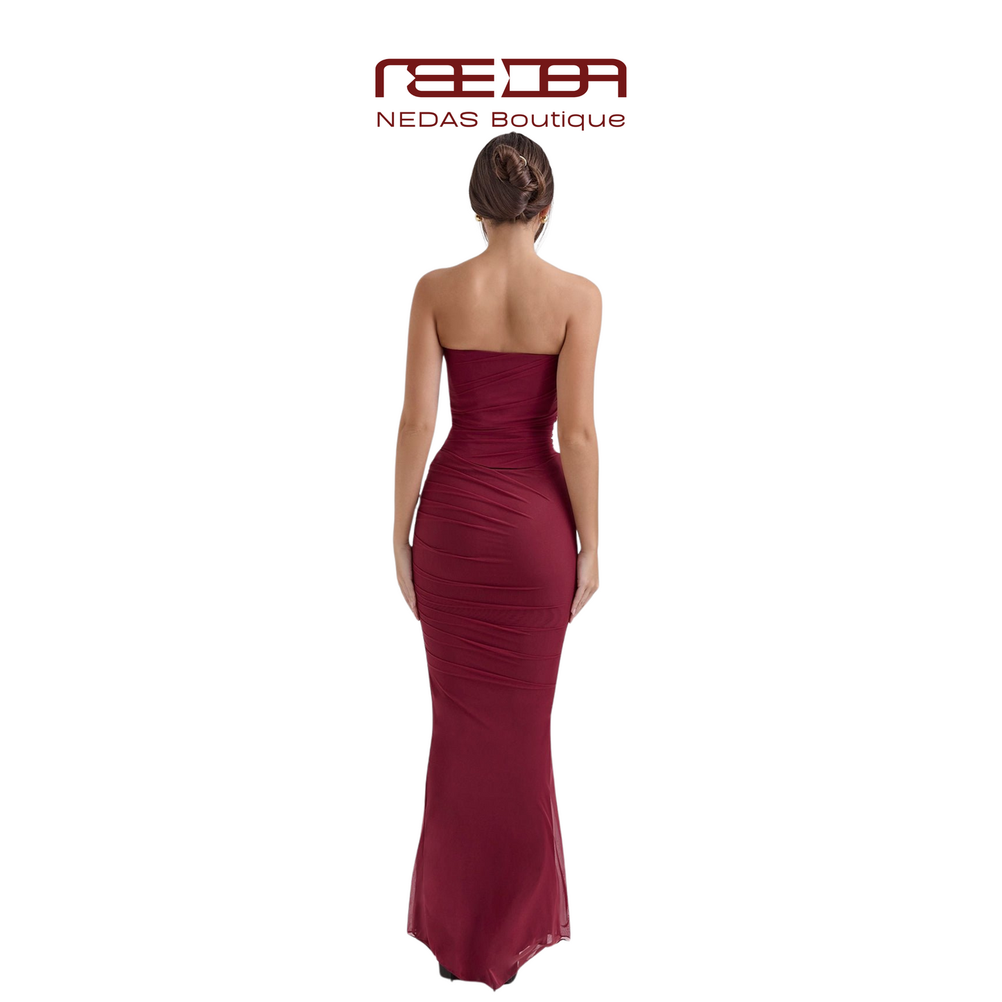 Elegant Bordeaux evening dress with draping and scarf detail