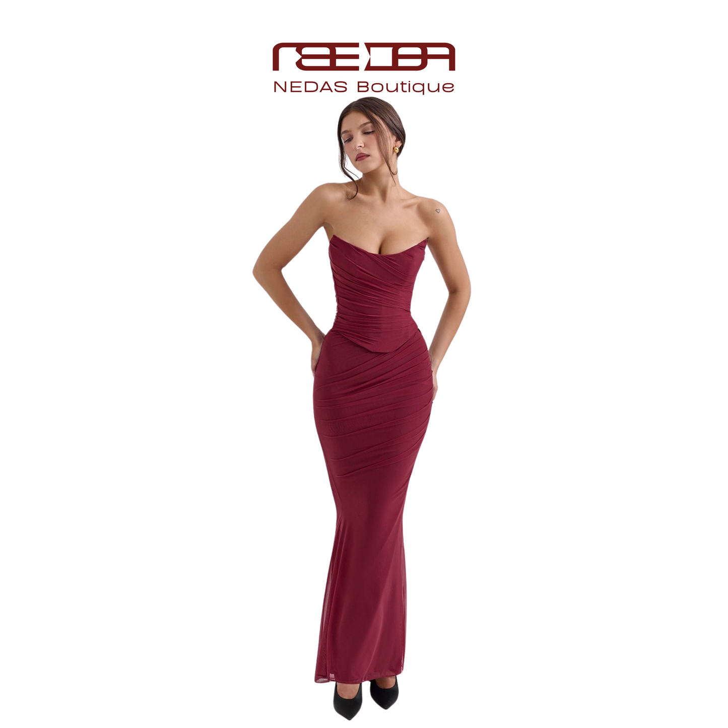Elegant Bordeaux evening dress with draping and scarf detail