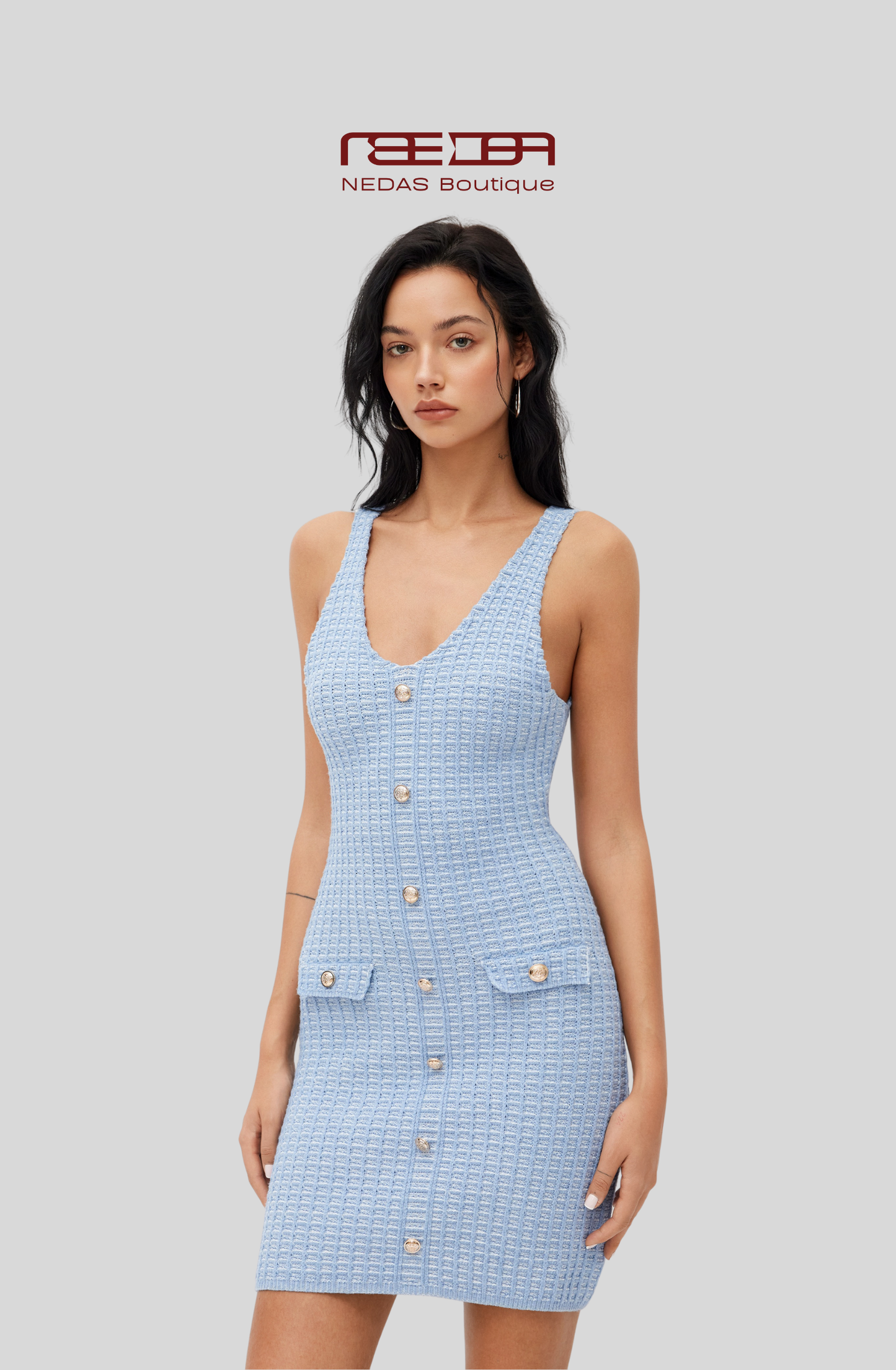 Celina Kleid Hellblau- Feminines Tweedkleid im französischen Stil mit Knopfleiste