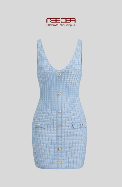 Celina Kleid Hellblau- Feminines Tweedkleid im französischen Stil mit Knopfleiste