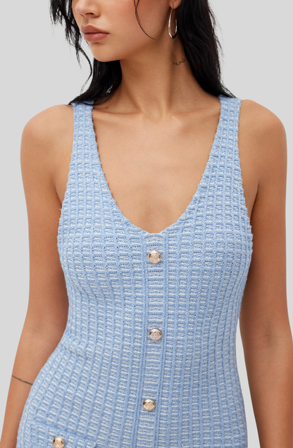 Celina Kleid Hellblau- Feminines Tweedkleid im französischen Stil mit Knopfleiste